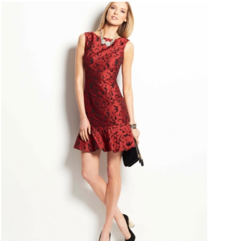 Ann Taylor Jacquard Flounce Hem Mini Dress Red Size 6